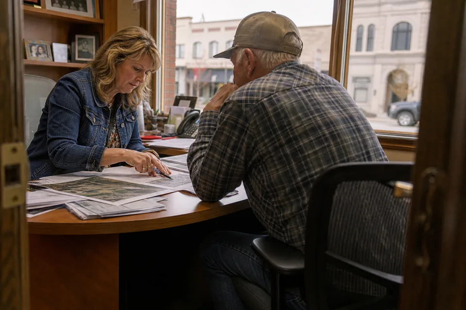 Agricultural loan officer reviewing a printed land valuation and plat map with a farmer at a small town bank desk