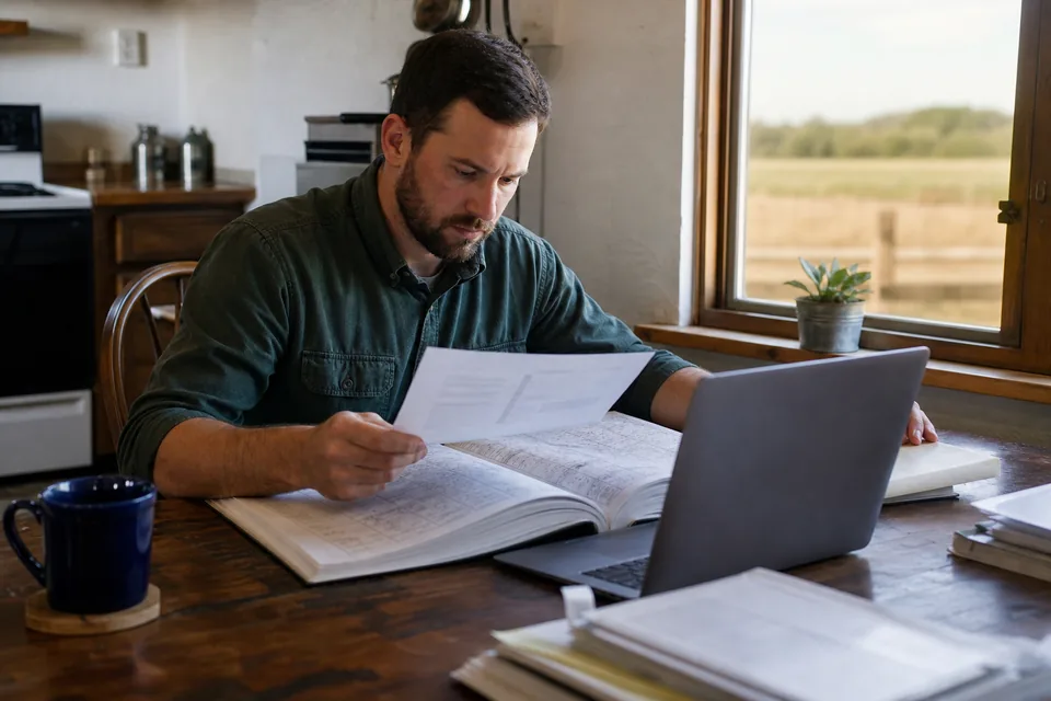 Land appraiser at a farmhouse kitchen table comparing a software subscription bill with county plat books and a laptop