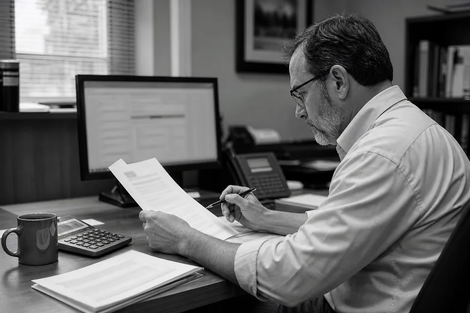 Investor reviewing a data subscription agreement with a calculator beside a property records screen
