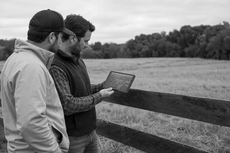 Land broker and buyer at a rural fence line looking at a parcel map on a tablet