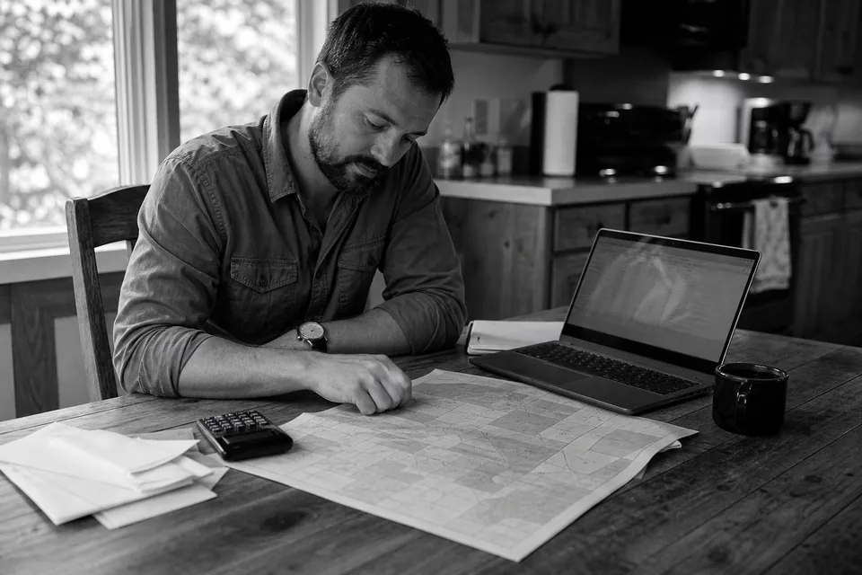 Land investor at a kitchen table comparing a printed parcel map with a laptop list of priced parcels
