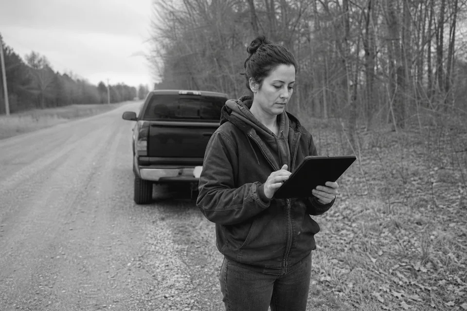 Investor at the road edge of wooded vacant acreage checking a parcel value on a tablet