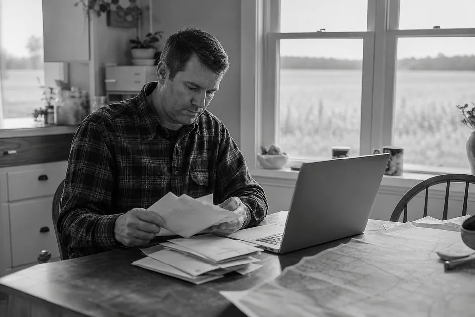 Land investor at a kitchen table sorting mailed offer envelopes beside a laptop and a folded county map