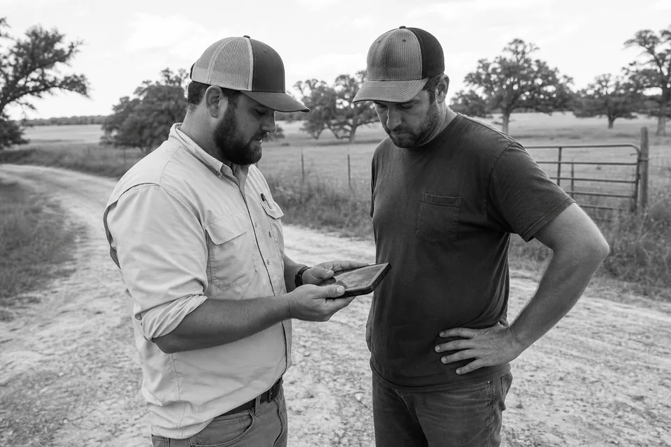 Two people on a rural access road comparing a parcel map on a phone beside a farm gate