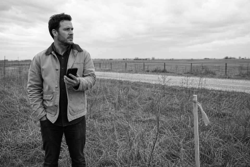 Land investor at the edge of a rural vacant lot checking a parcel on a phone next to a survey stake
