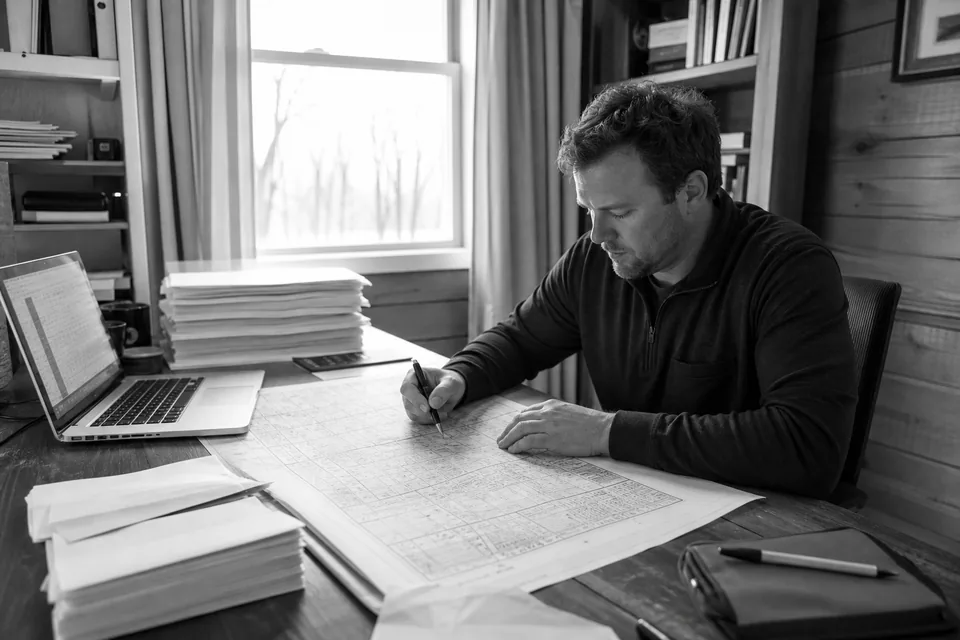 Investor at a desk with a county plat map, offer numbers and a stack of mail envelopes