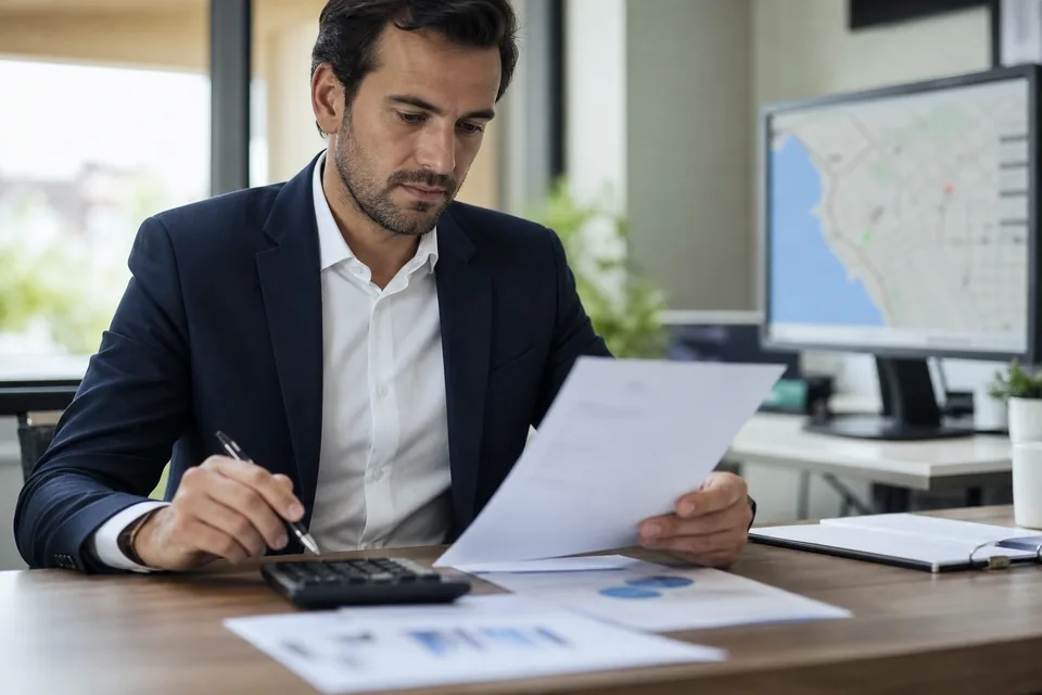 Commercial real estate broker reviewing an annual software quote with a calculator at an office desk