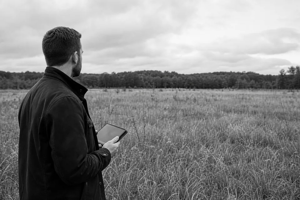 Investor standing at the edge of vacant rural acreage with a tablet, no house in sight