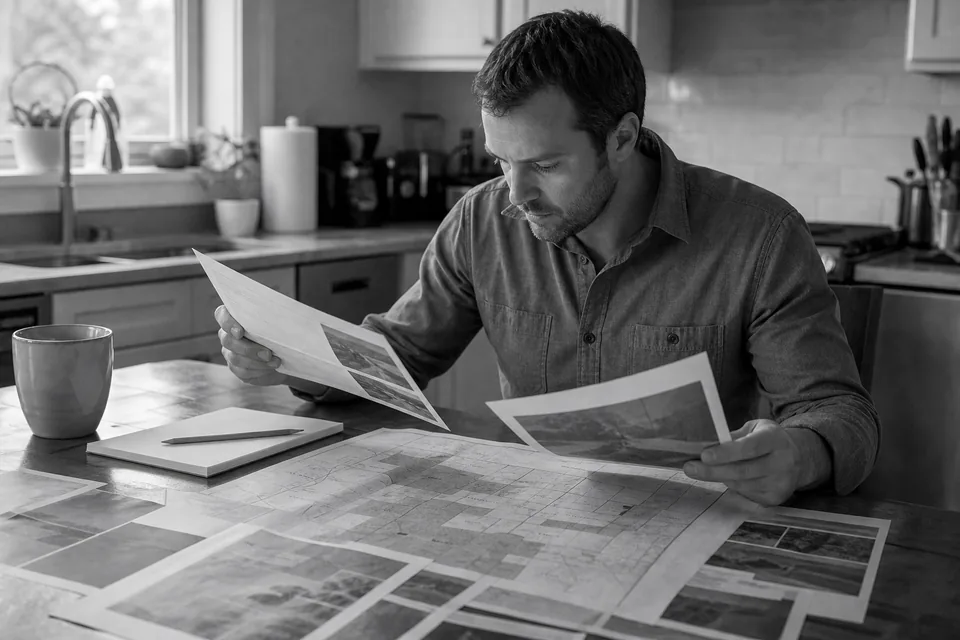 Land investor at a kitchen table comparing printed comparable land sales with a county map