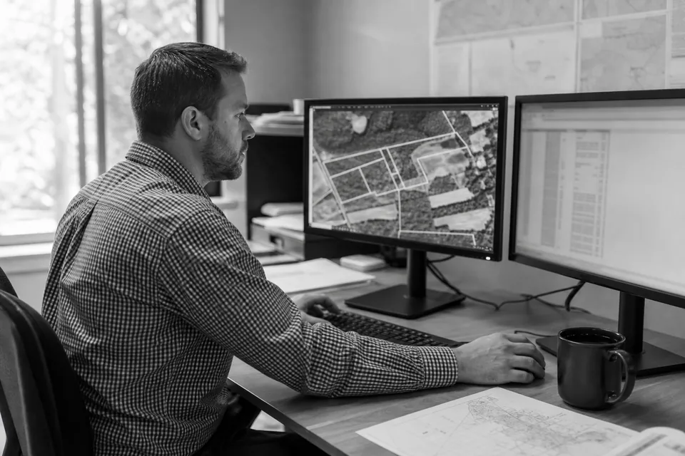 Analyst at a desk comparing a parcel boundary map on one monitor with a spreadsheet of land sales on another