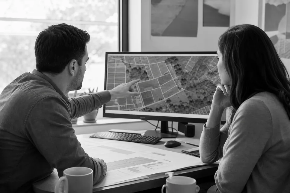 Two analysts in a small office reviewing a parcel map and a budget sheet for land data